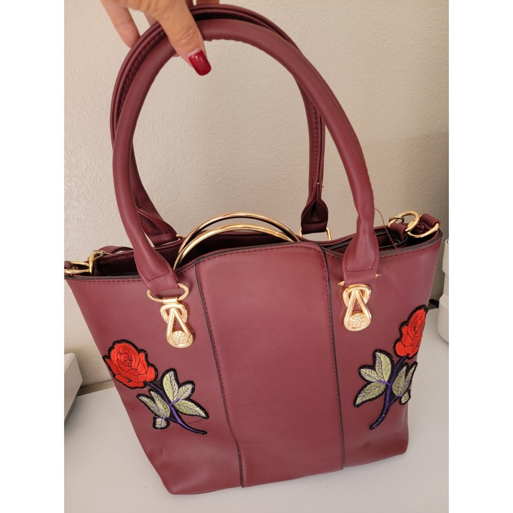 Vintage Women's Burgundy Floral Embroidered 2-Piece Handbag Set Gold Tone